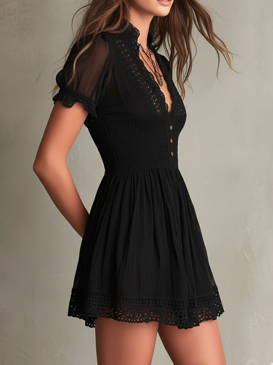 Lidia | Black Mini Dress with V-Neck and Cut-Out Trims