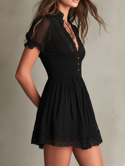 Lidia | Black Mini Dress with V-Neck and Cut-Out Trims