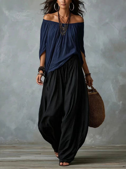 White Off-Shoulder Top and Flared Lantern Trouser Set