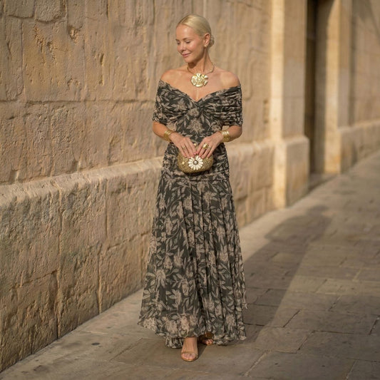Madison | Elegant Pleated Botanical Maxi Dress