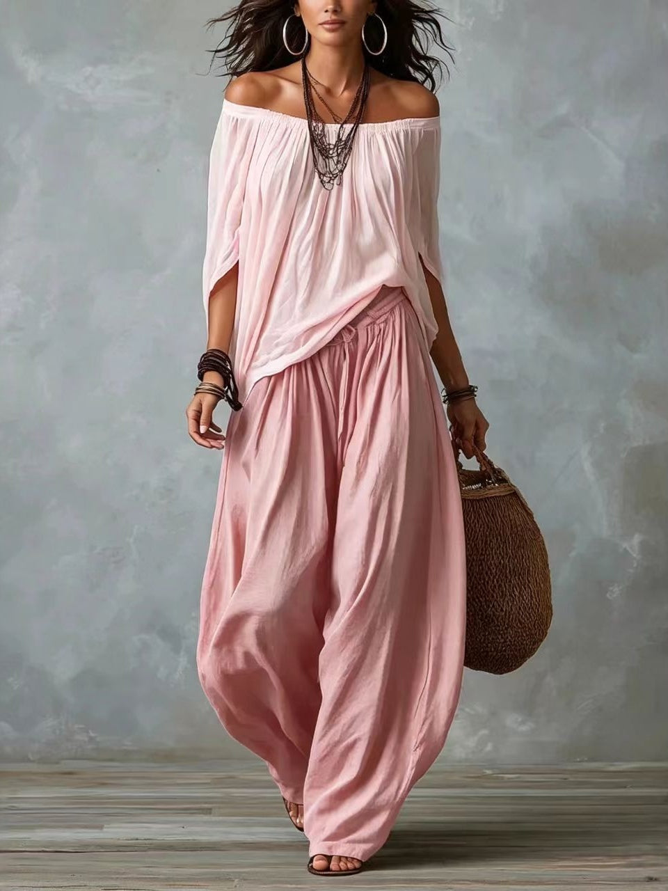 White Off-Shoulder Top and Flared Lantern Trouser Set