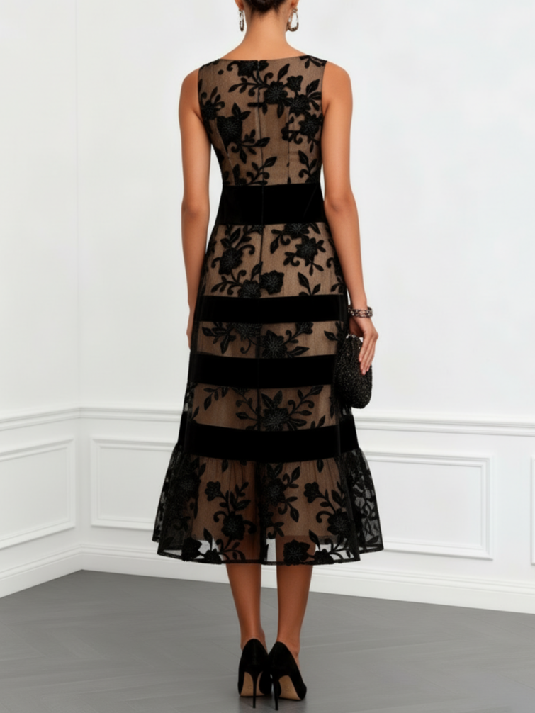 Mesh A-Line Midi Dress with 3D Flowers