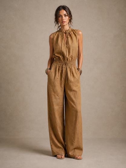 Alejandra | Camel Jumpsuit with Tie High Neck and Wide Leg