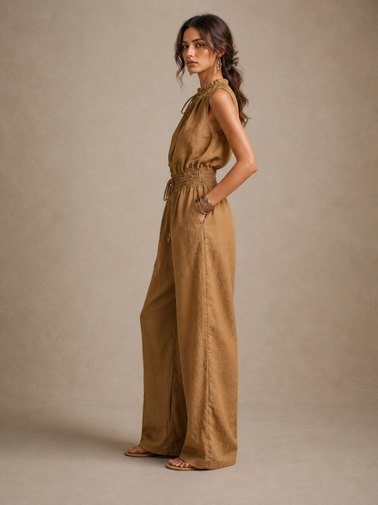 Alejandra | Camel Jumpsuit with Tie High Neck and Wide Leg