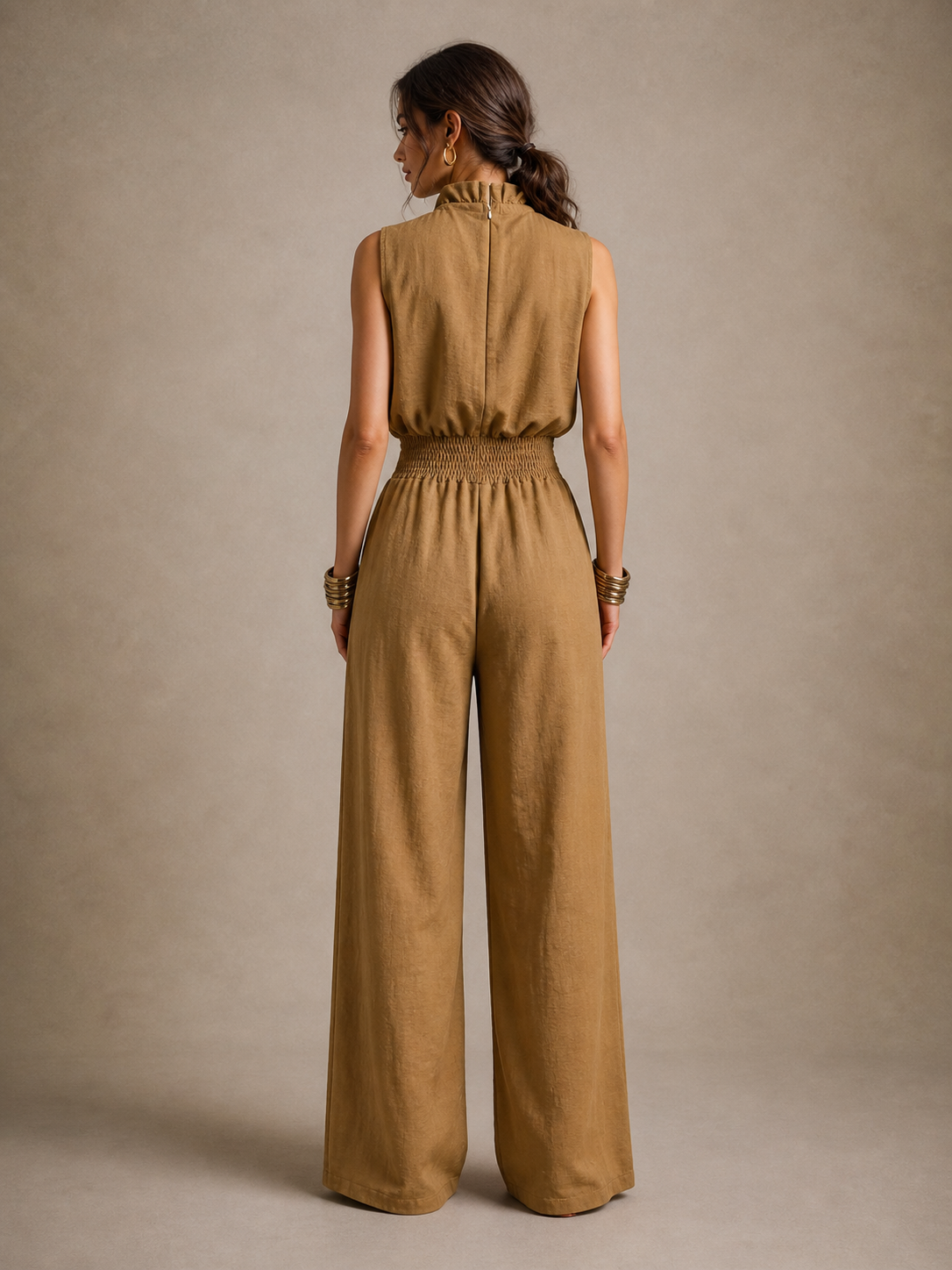 Alejandra | Camel Jumpsuit with Tie High Neck and Wide Leg