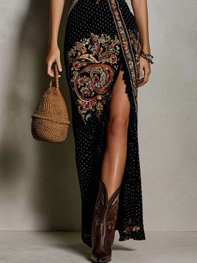 Bohemian Print Maxi Dress with Deep V-Neck and High Slit