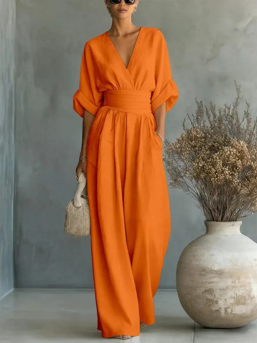 Elegant High-Waisted V-Neck Summer Jumpsuit