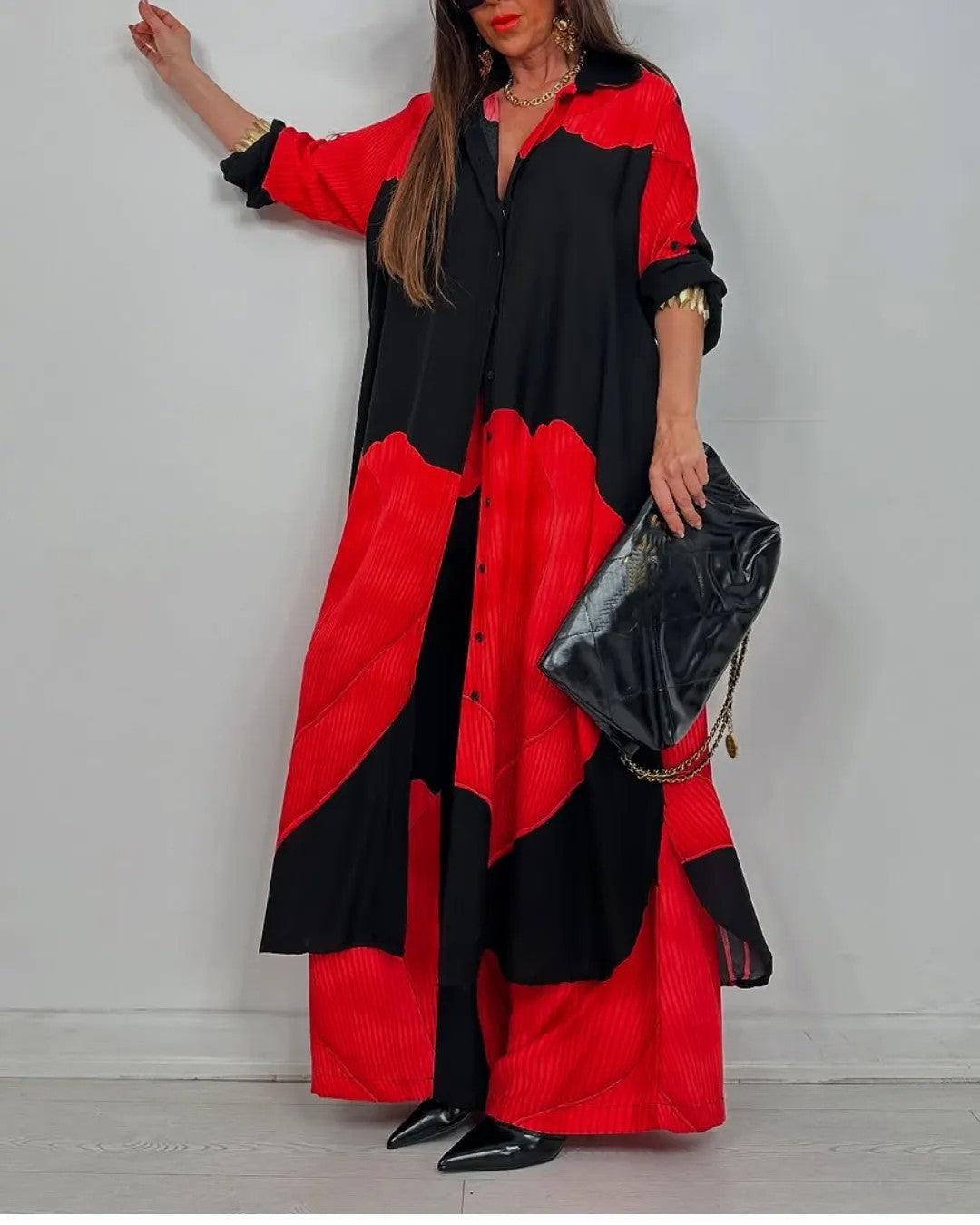 Casual V-Neck Top and Patchwork Trouser Set