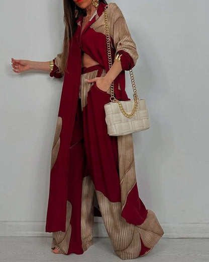 Casual V-Neck Top and Patchwork Trouser Set