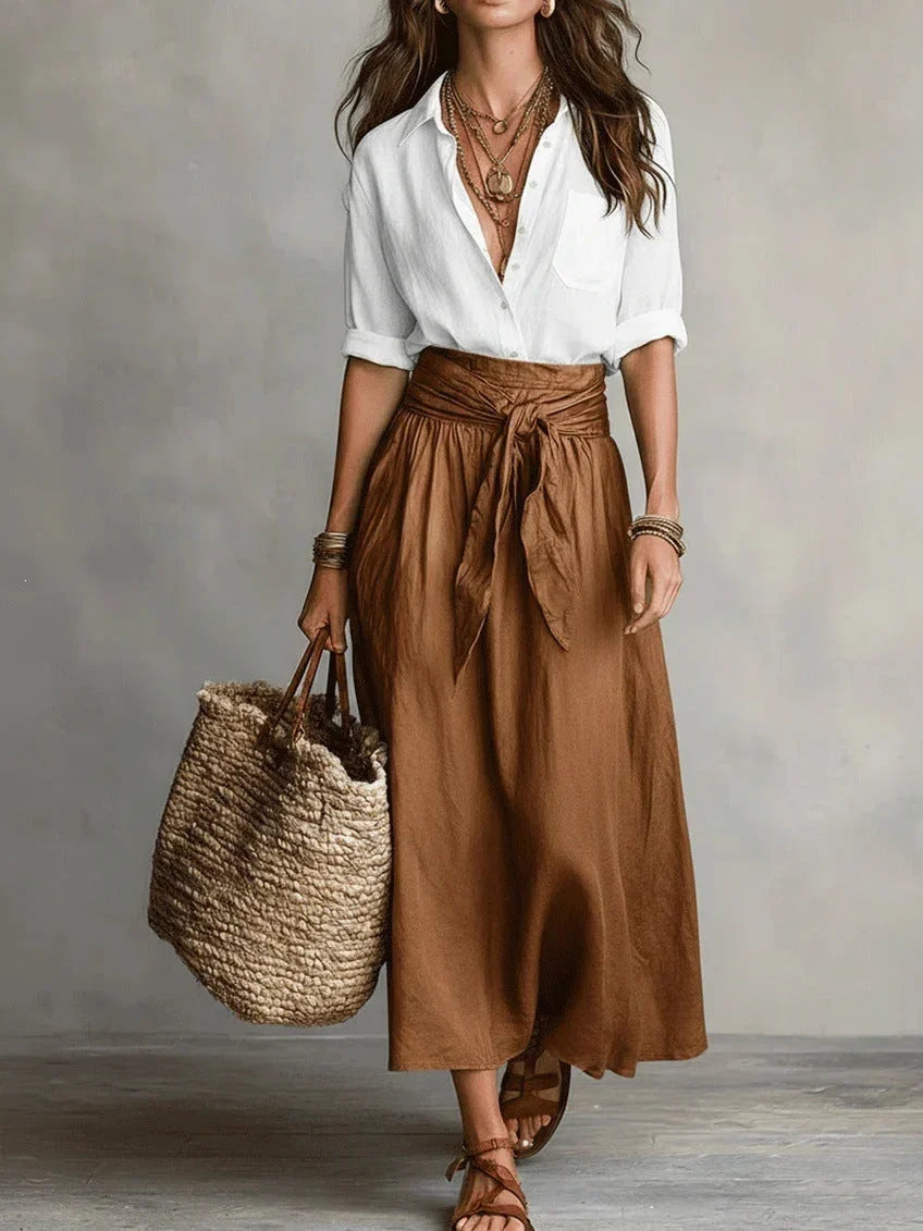 Vida | Elegant Two-Piece Set with Black Blouse and Midi Skirt