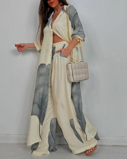 Casual V-Neck Top and Patchwork Trouser Set
