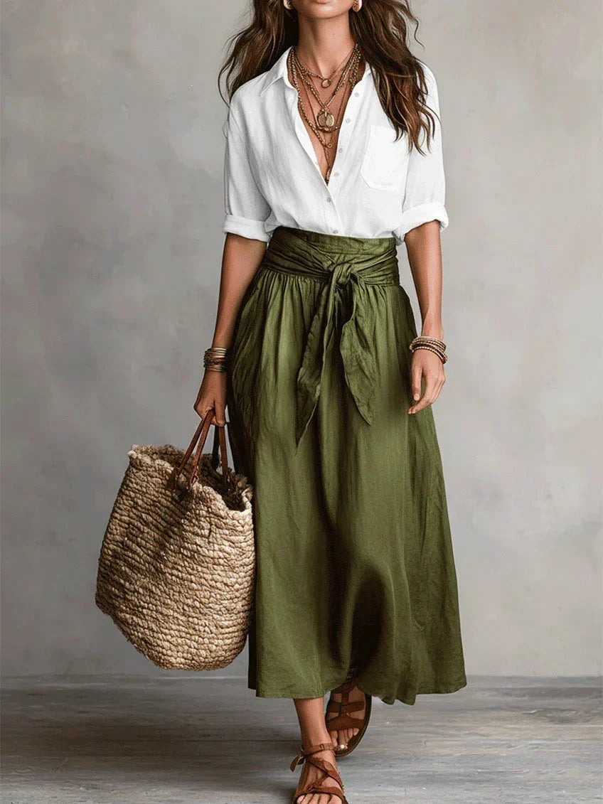 Vida | Elegant Two-Piece Set with Black Blouse and Midi Skirt