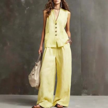 Irina | Cotton-Linen Two-Piece Set with Sleeveless Vest and Wide-Leg Trousers