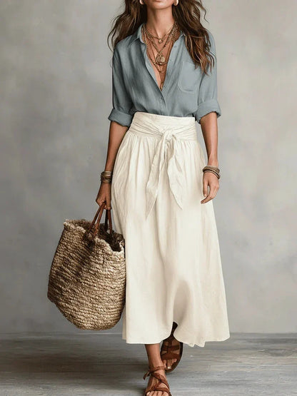 Vida | Elegant Two-Piece Set with Black Blouse and Midi Skirt
