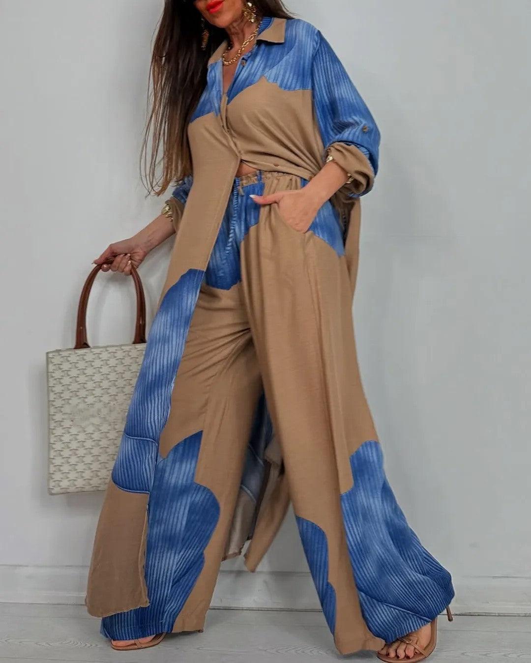 Casual V-Neck Top and Patchwork Trouser Set