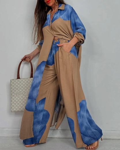 Casual V-Neck Top and Patchwork Trouser Set