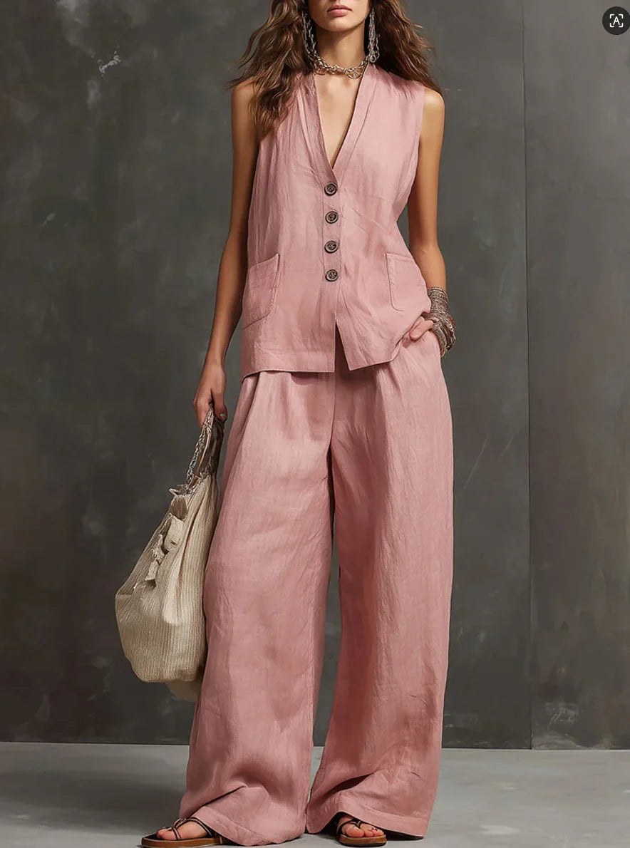 Irina | Cotton-Linen Two-Piece Set with Sleeveless Vest and Wide-Leg Trousers
