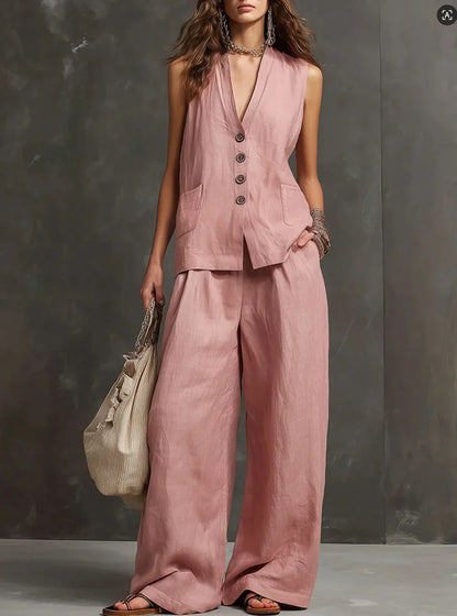 Irina | Cotton-Linen Two-Piece Set with Sleeveless Vest and Wide-Leg Trousers