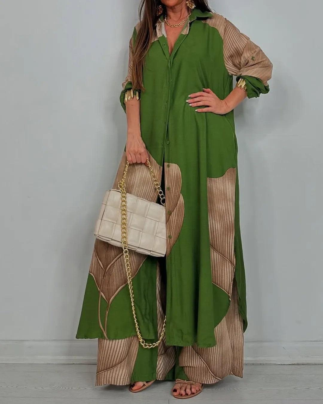 Casual V-Neck Top and Patchwork Trouser Set