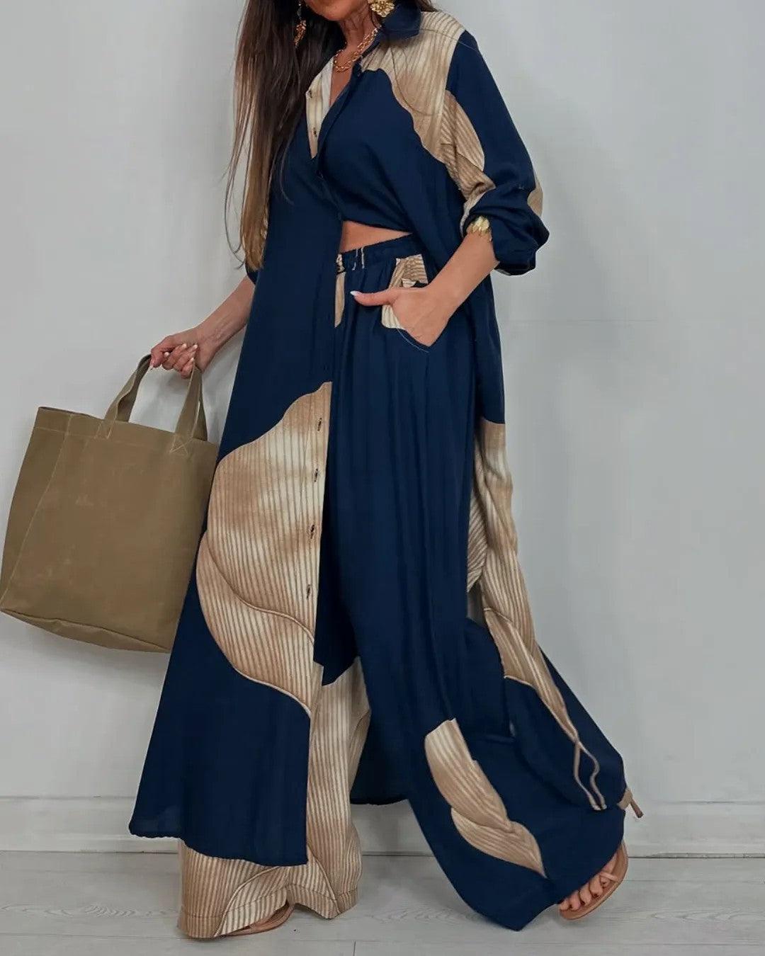 Casual V-Neck Top and Patchwork Trouser Set