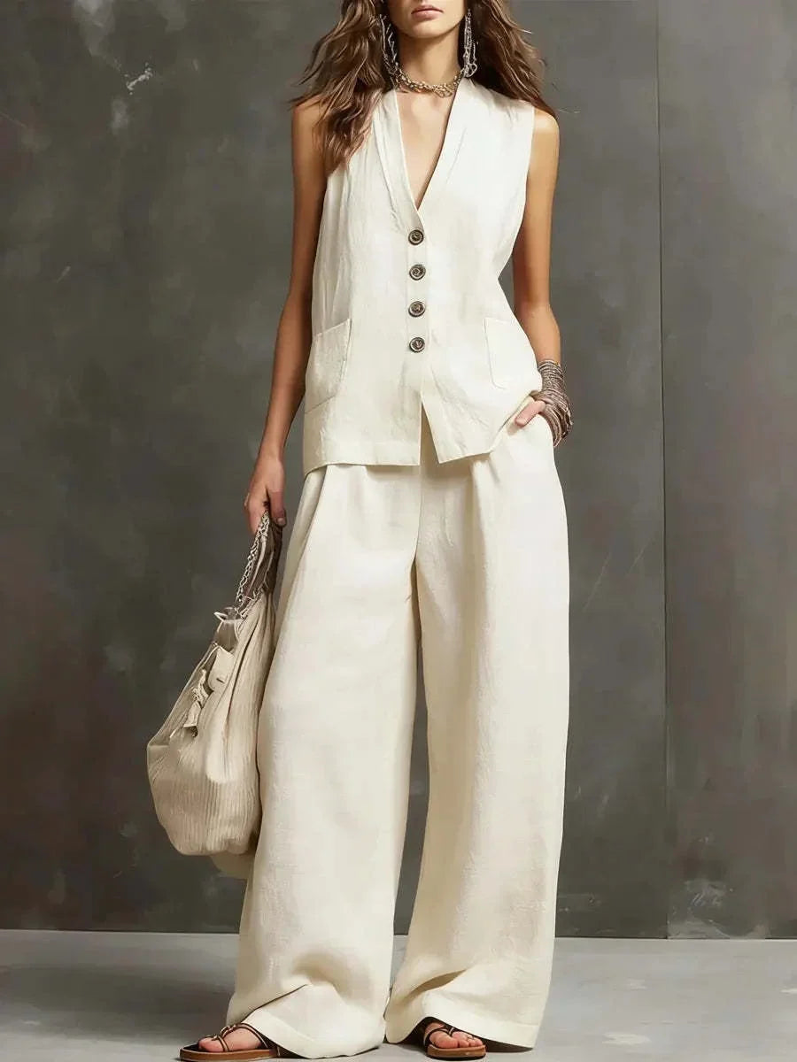Irina | Cotton-Linen Two-Piece Set with Sleeveless Vest and Wide-Leg Trousers
