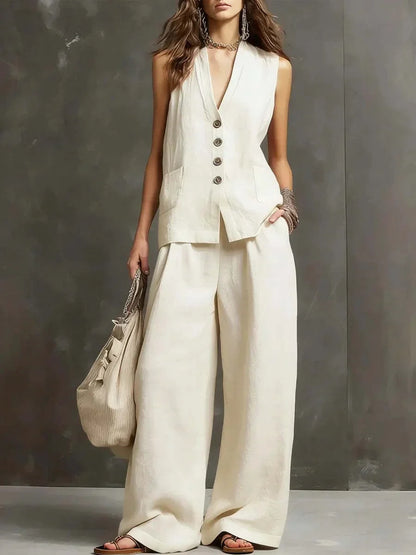 Irina | Cotton-Linen Two-Piece Set with Sleeveless Vest and Wide-Leg Trousers