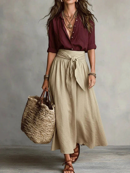Vida | Elegant Two-Piece Set with Black Blouse and Midi Skirt