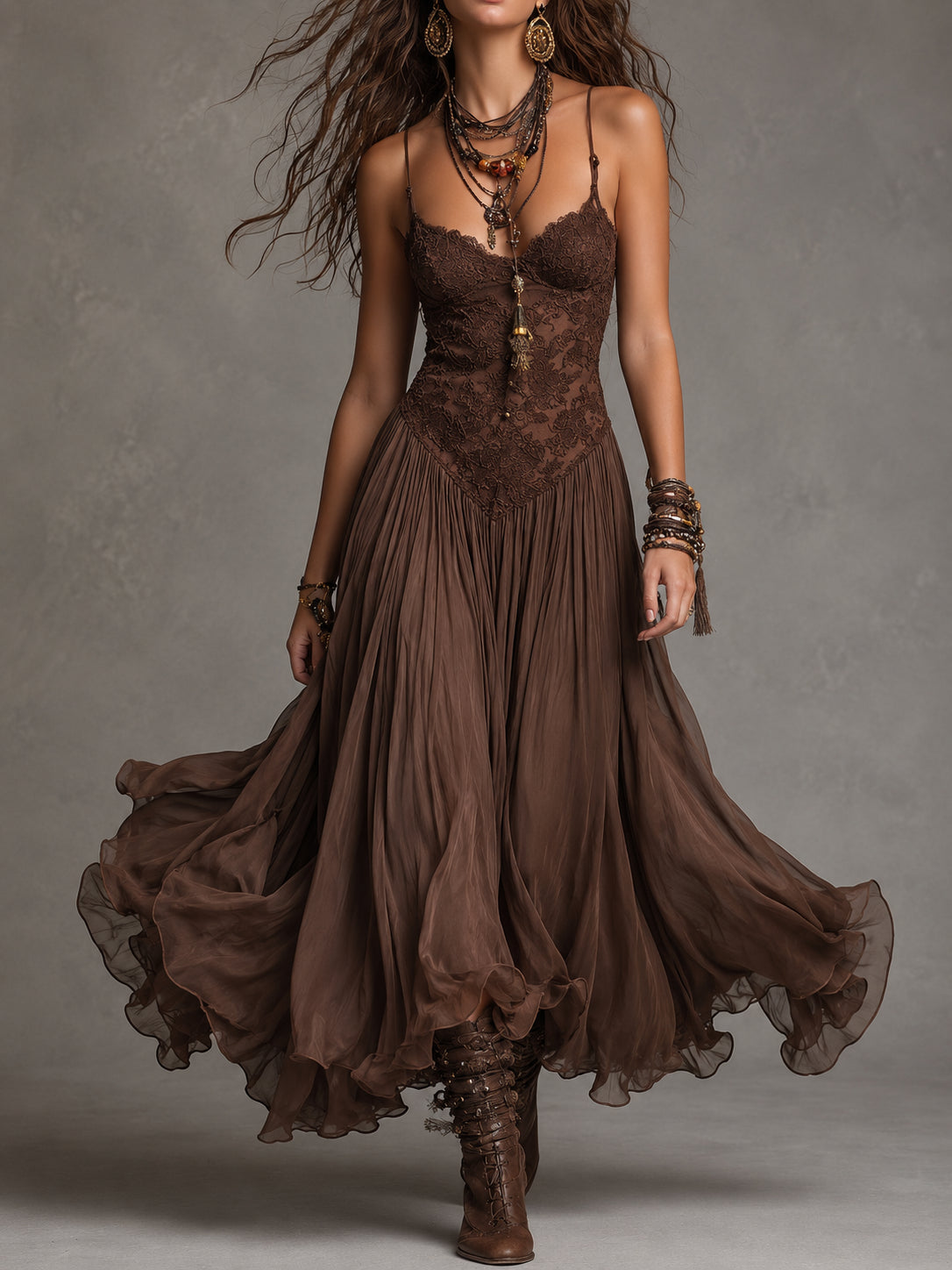 Elodie | Lace and Chiffon Ruffle Maxi Dress