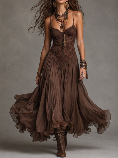Elodie | Lace and Chiffon Ruffle Maxi Dress