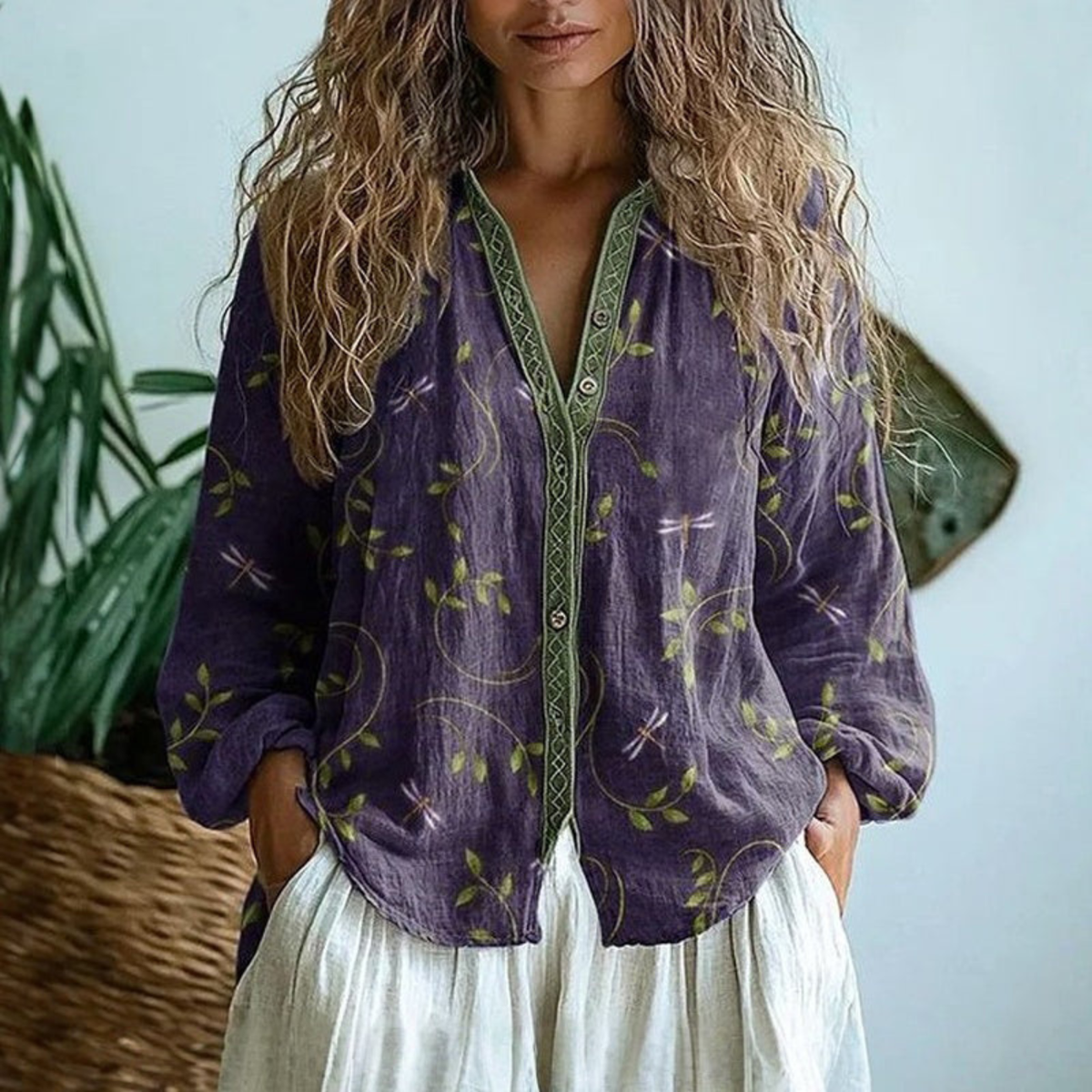 Leonie | Linen-Look Long Sleeve Button-Down Blouse