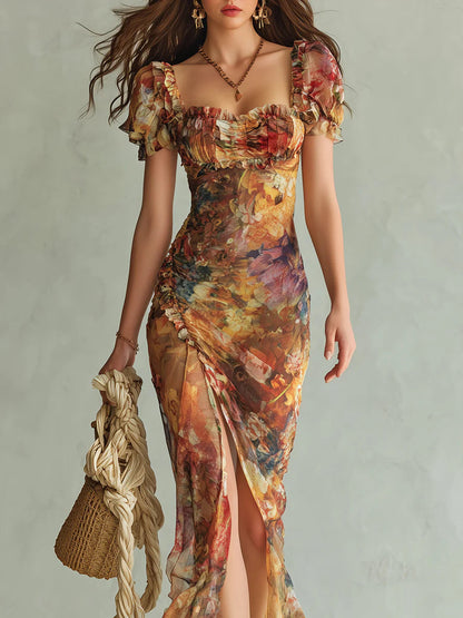 Orange Bohemian Oil-Print Chiffon Maxi Dress