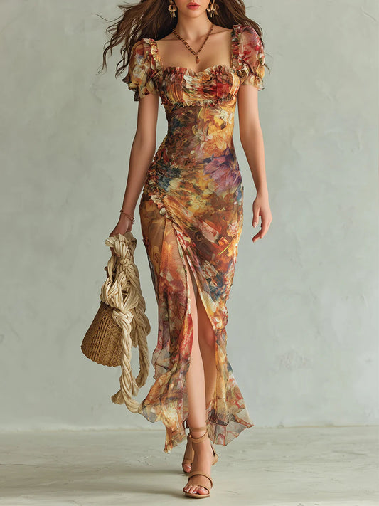 Orange Bohemian Oil-Print Chiffon Maxi Dress