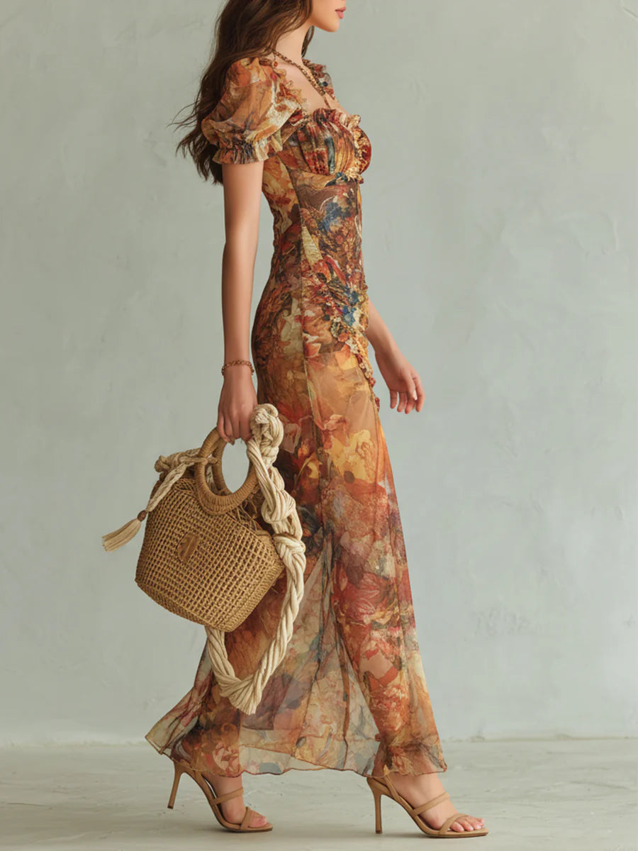 Orange Bohemian Oil-Print Chiffon Maxi Dress
