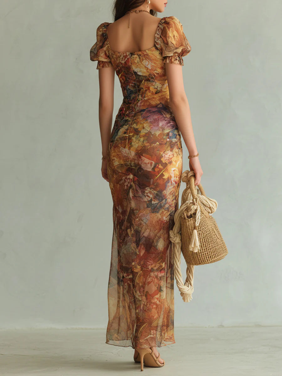 Orange Bohemian Oil-Print Chiffon Maxi Dress