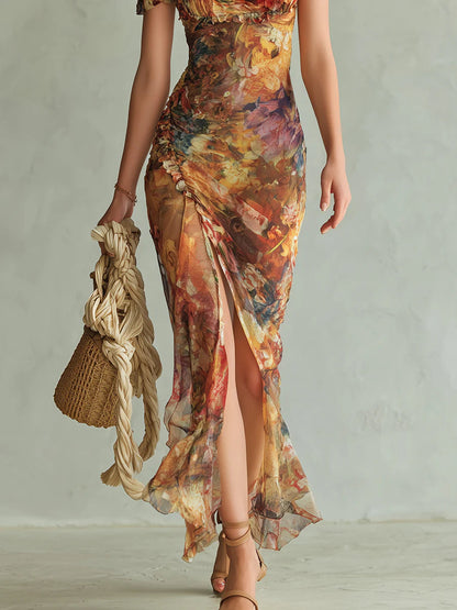 Orange Bohemian Oil-Print Chiffon Maxi Dress