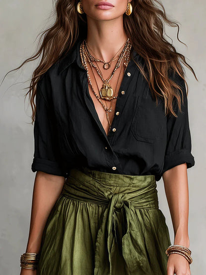 Vida | Elegant Two-Piece Set with Black Blouse and Midi Skirt