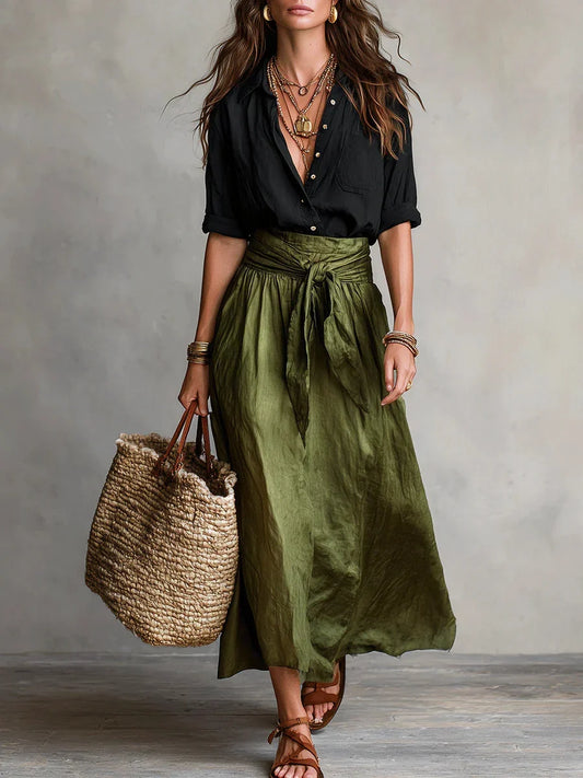 Vida | Elegant Two-Piece Set with Black Blouse and Midi Skirt