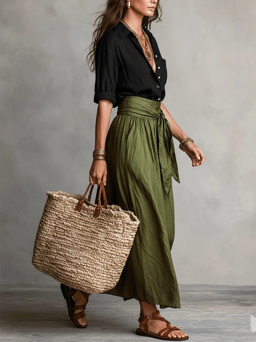 Vida | Elegant Two-Piece Set with Black Blouse and Midi Skirt