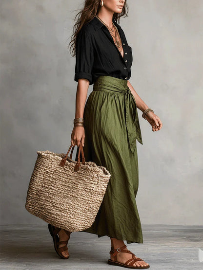 Vida | Elegant Two-Piece Set with Black Blouse and Midi Skirt