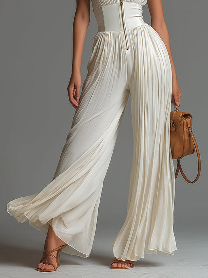 White Sleeveless Chiffon Jumpsuit with V-Zip and Pleated Wide Leg
