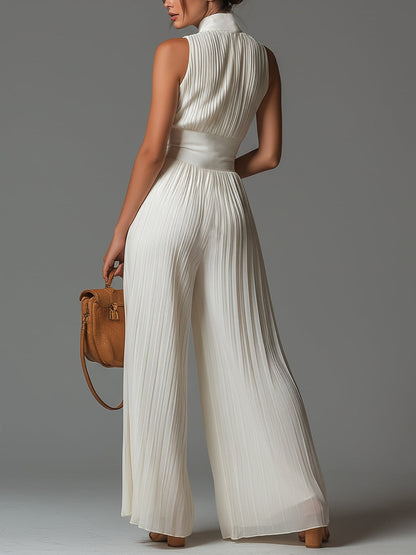 White Sleeveless Chiffon Jumpsuit with V-Zip and Pleated Wide Leg