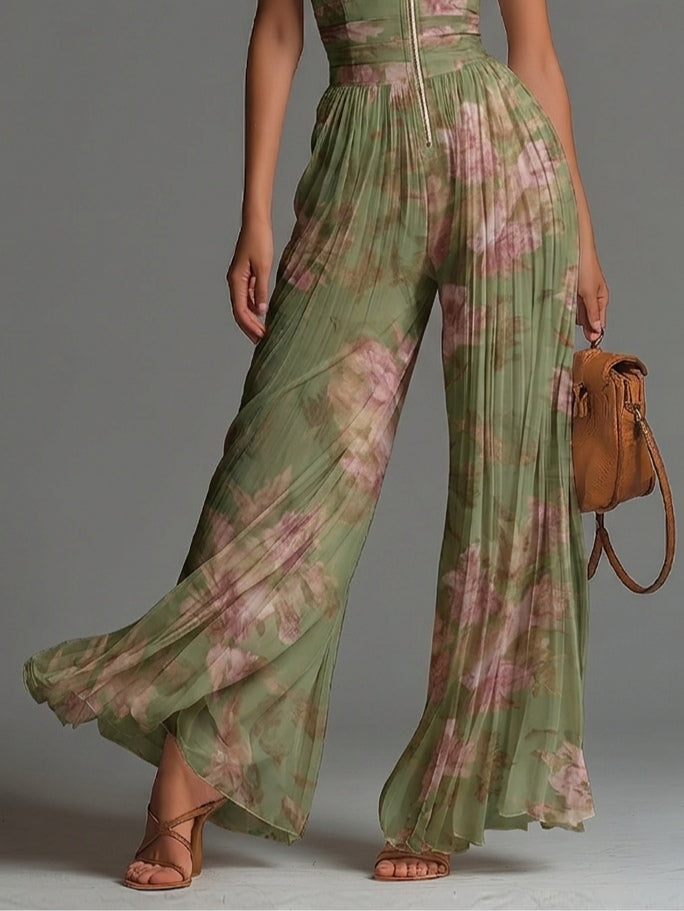 Green Floral Pleated Chiffon Jumpsuit with V-Neck and Wide Leg