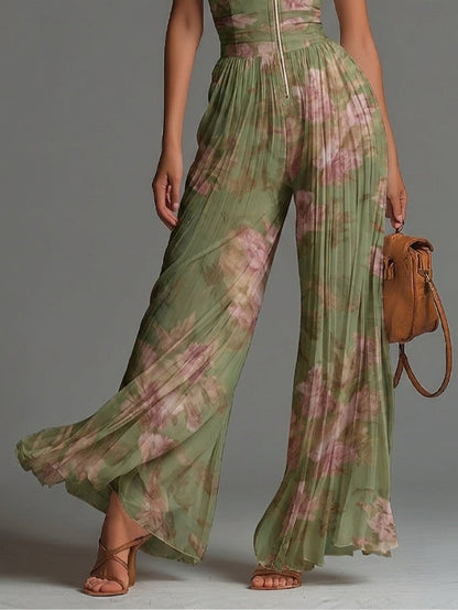 Green Floral Pleated Chiffon Jumpsuit with V-Neck and Wide Leg