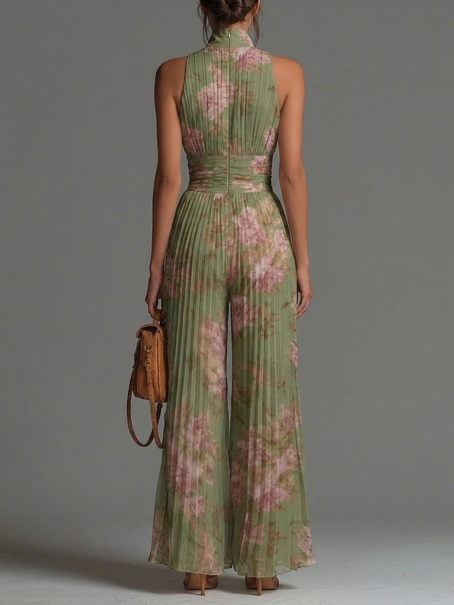 Green Floral Pleated Chiffon Jumpsuit with V-Neck and Wide Leg