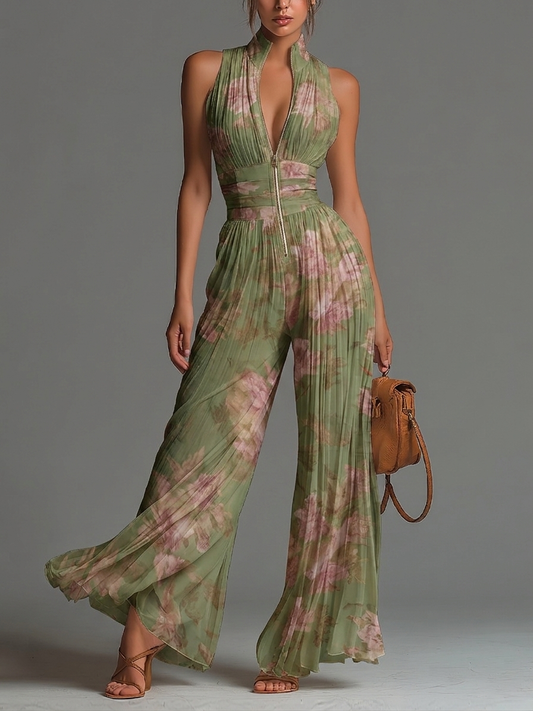 Green Floral Pleated Chiffon Jumpsuit with V-Neck and Wide Leg