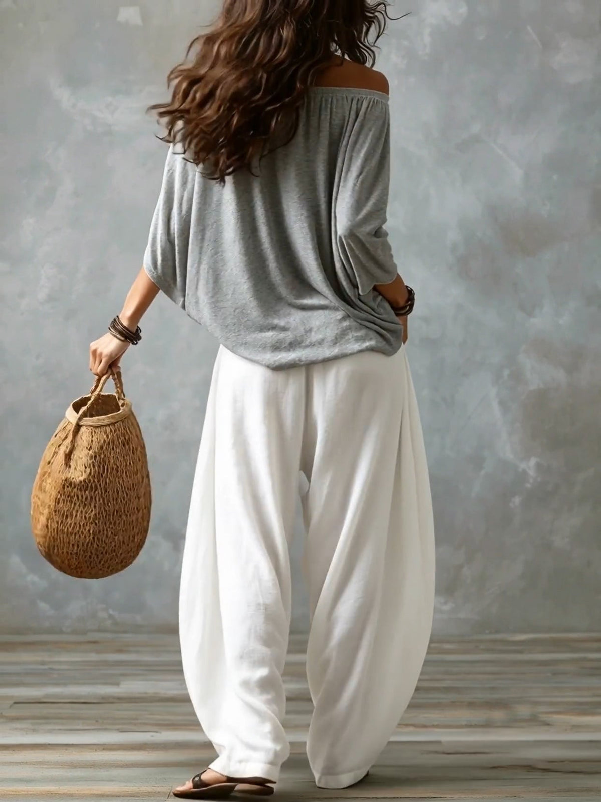 White Off-Shoulder Top and Flared Lantern Trouser Set