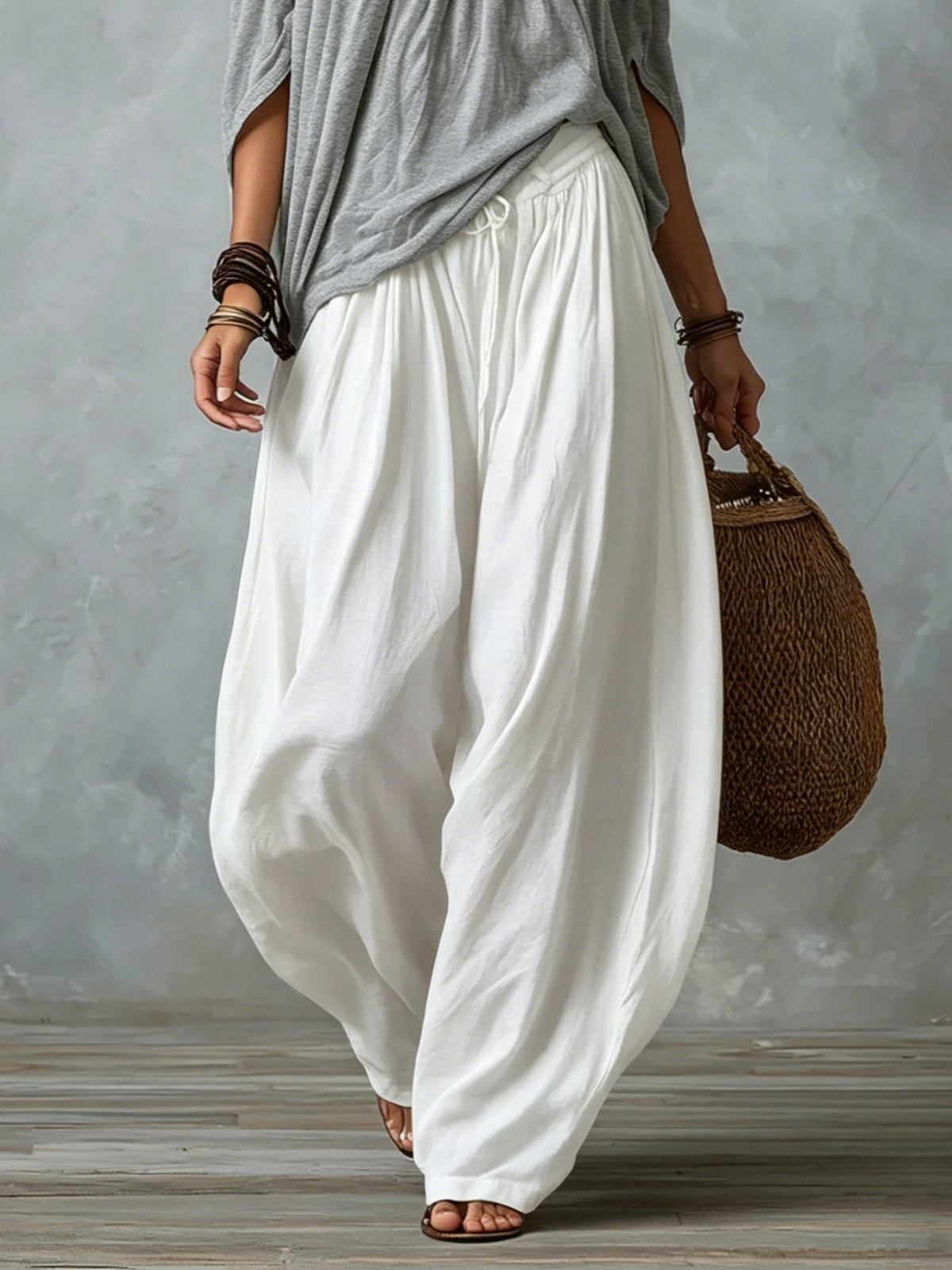 White Off-Shoulder Top and Flared Lantern Trouser Set