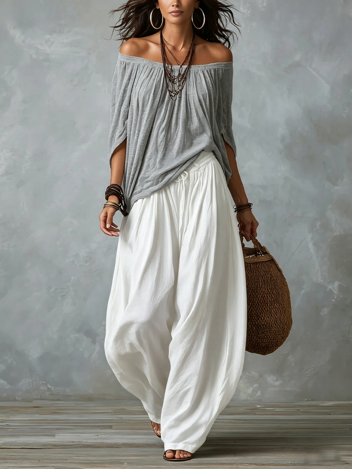 White Off-Shoulder Top and Flared Lantern Trouser Set
