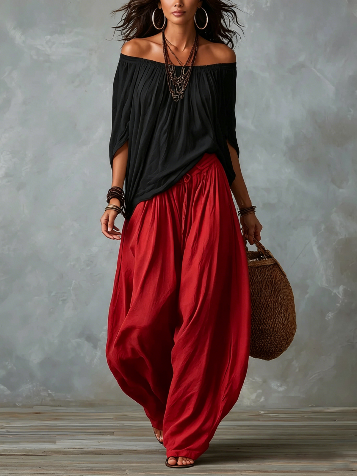 White Off-Shoulder Top and Flared Lantern Trouser Set
