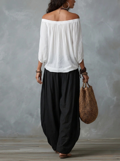 White Off-Shoulder Top and Flared Lantern Trouser Set